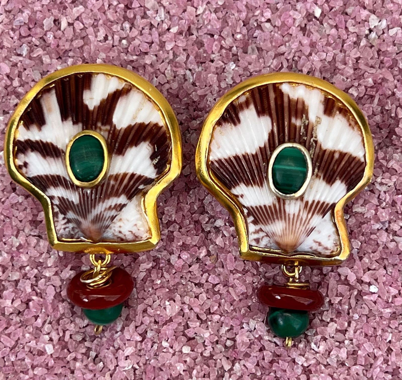 Scallop Earrings with Malachite and Carnelian: Title:Scallop Earrings with Malachite and Carnelian Description:Sporty Calico Scallops set with Malachite cabochons. Drops of Carnelian and Little Malachite worlds - Vermeil Post/Clip Earrings - .75"