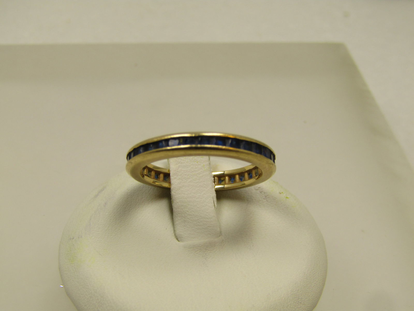 Vintage 14kt Blue Spinel Eternity Ring, Sz. 7.25, 1970's-1980's: Title:Vintage 14kt Blue Spinel Eternity Ring, Sz. 7.25, 1970's-1980's Description:Vintage 14kt Blue Spinel Eternity Ring, Sz. 7.25, 1970's-1980's. The ring is appx. 3mm wide. It tests as 14kt gold wit