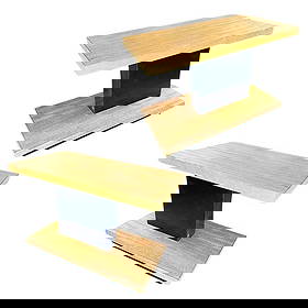 Two Tone, Two Tier Mid-Century Modernist Walnut Side Table: Unique asymmetric mid-century walnut side table pair featuring a blond two tier tops with black support to one side of the table. Reserve: $2,040.00 Shipping: Domestic: Shipping rates are determined