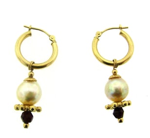 HILARY BEANE 14K YELLOW GOLD HOOP TWO IN ONE STYLES DANGLE EARRINGS PEARL GARNET