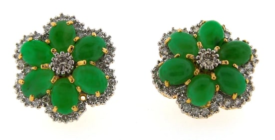 EXTRAORDINARY 18k Yellow Gold, Jade & Diamond Flower Earrings Circa 1970!