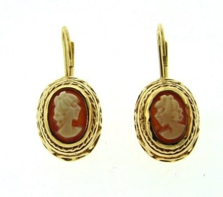 VINTAGE ADORABLE 14K YELLOW GOLD WIRE CAMEO EARRINGS STAMPED LADY