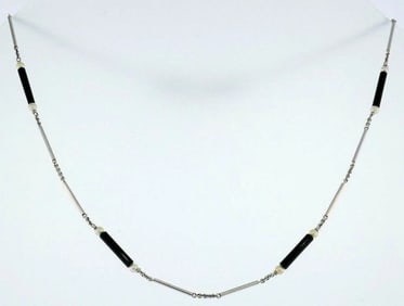 14k White Gold Onyx Seed Pearl Watch Chain Bracelet