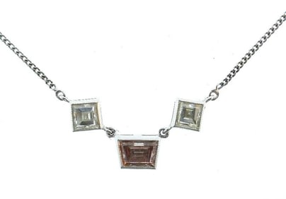 14K White Gold Chain Necklace Pendant Cognac Trapezoid White Square Diamonds