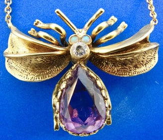 14k Bug Insect Fly Necklace with Amethyst, Opal & Diamonds