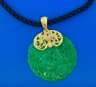 18k Yellow Gold and Diamond Topped Carved Jade Pendant on Rope & Gold Necklace