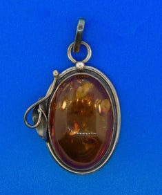 Amber Oxidized Sterling Silver Oval Pendant