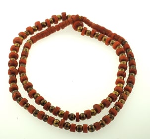 GORGEOUS VICTORIAN 10K YELLOW GOLD CORAL BEAD STRAND NECKLACE