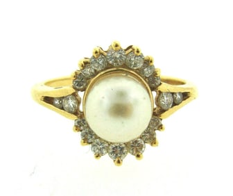 ADORABLE VINTAGE C1980 14K YELLOW GOLD DIAMOND PEARL RING STAMPED