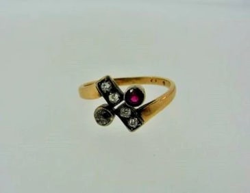 WOW European Edwardian Silver, 14k Yellow Gold, Ruby & Diamond Ring