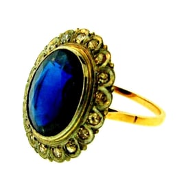 STUNNING Victorian 14k Yellow Gold, Platinum Diamond & Synthetic Sapphire Ring