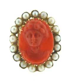 VICTORIAN C.1900 ANTIQUE CARVED CORAL PEARL PORTRAIT OVAL RING 14K YELLOW GOLD