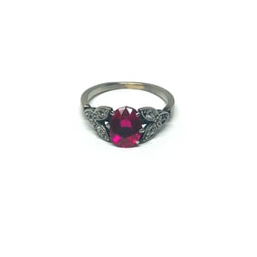 1950’s Platinum Synthetic Ruby Rose Cut Diamond Ring Flower Leaves
