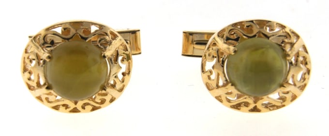UNIQUE 14k Yellow Gold & Cat Eye Chrysoberyl Cufflinks Circa 1990!
