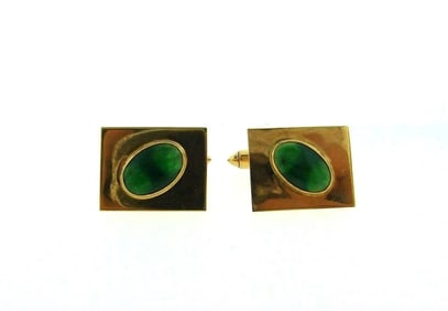 VINTAGE C.1960 14K YELLOW GOLD NEPHRITE JADE CUFFLINKS STAMPED T.A.J.