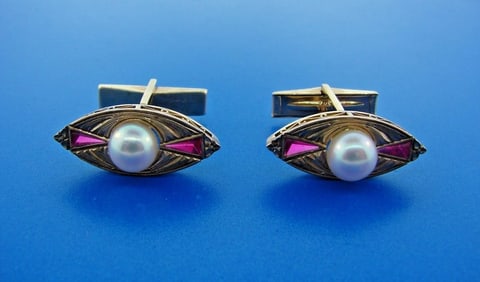 LUXURIOUS 14k Yellow Gold, Pearl & Ruby Cufflinks