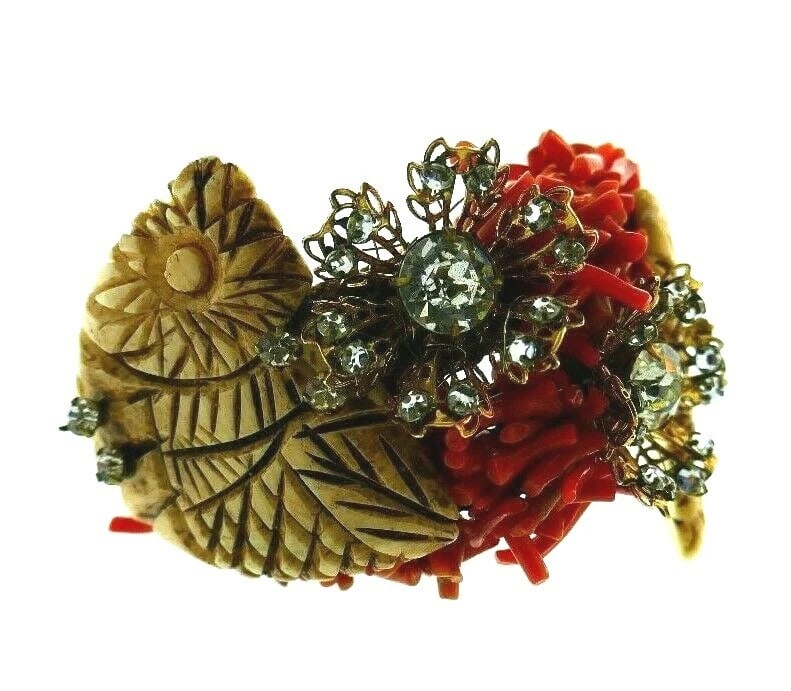 MIRIAM HASKELL Coral, Gold Plate & Rhinestone Bracelet Vintage: Miriam Haskell Coral, Gold Plate & Rhinestone Wraparound Bracelet Vintage DK · This is a must for a collector. The weight is 77.3 grams. The height is 2 3/8 inches. Reserve: $400.00 Shipping: Do