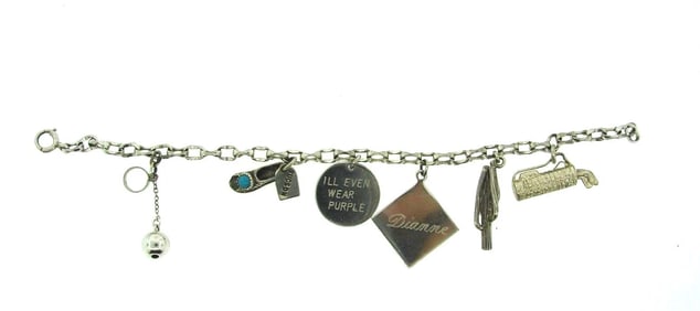 VINTAGE STERLING SILVER CHARM CHAIN LINK BRACELET TUCSON GOLF SHOES TURQUOISE