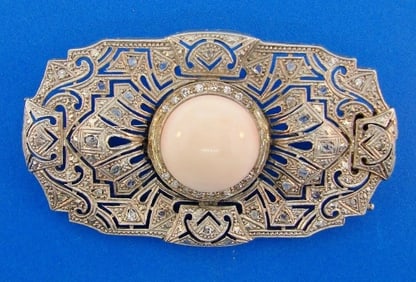 ART DECO Platinum, Angel Skin Coral & Diamond Brooch Circa 1920s