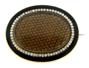 C.1900 VICTORIAN 18K YELLOW GOLD LOCKET BROOCH PIN ANTIQUE ENAMEL MOURNING PEARL