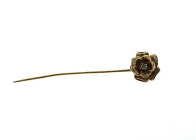 C.1950 VINTAGE 18K YELLOW GOLD FLOWER DIAMOND STICK PIN