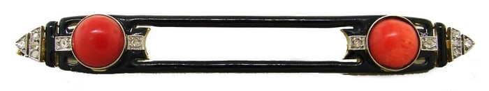 MARCHAK Coral Diamond Enamel Gold PIN BROOCH 1920s