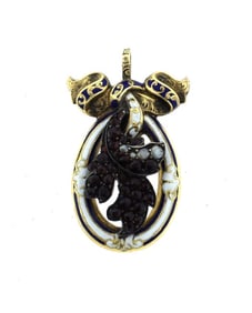 VICTORIAN C.1910 ANTIQUE 14K YELLOW GOLD ENAMEL NATURAL PEARL PENDANT GARNET