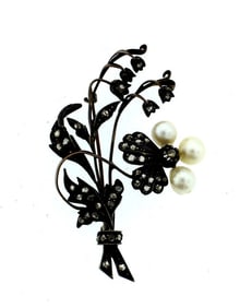 VICTORIAN C.1900 ANTIQUE 12K 14K GOLD SILVER ROSE CUT DIAMOND PEARL BROOCH PIN