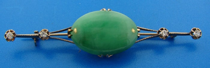RARE 14k Rose Gold, Diamond & Apple Jade Brooch