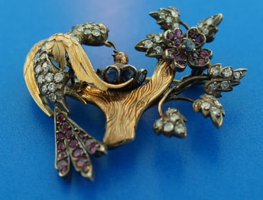 2.0CTS 18K GOLD SILVER DIAMOND SAPPHIRE RUBY VICTORIAN VINTAGE PIN BROOCH C.1900