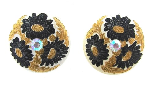 CUTE Bakelite & Crystal Hand Painted Flower Clip On Earrings