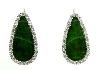 STUNNING IMPERIAL QUALITY JADE DIAMOND 18K 750 WHITE GOLD EARRINGS 2.50CTS
