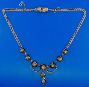 Victorian 18k Yellow Gold Enamel Rose Cut Diamond and Silver Flower Necklace