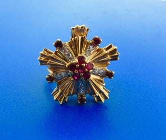 FUN Retro 14k Rose Gold Diamond and Ruby Cocktail Ring