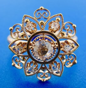 Victorian 14k Yellow Gold Lace Filigree Rose Cut Diamond Slice Flower Ring