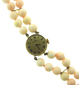 CHIC Baume & Mercier 14k Yellow Gold & Angel Skin Coral Watch Circa 1950s