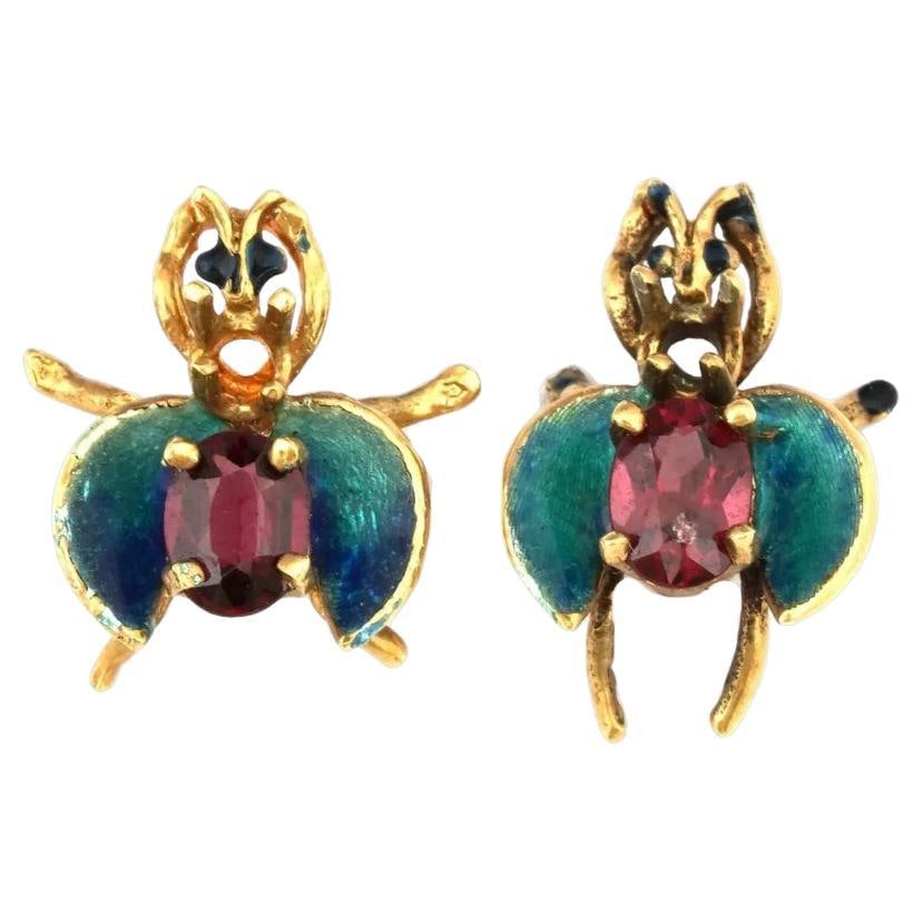 Vintage 14K Yellow Gold Enamel Ruby Bug Pins
