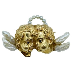 14k Gold and Pearl Angels Cherub Brooch, Ruser