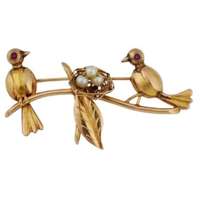 14K Gold Love Birds Ruby Eyes Natural Pearls Brooch