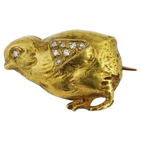 14K Gold Antique Diamonds Chicken Jewelry Brooch