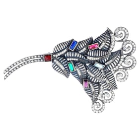 Vintage Silver Floral Brooch With Colored Stones