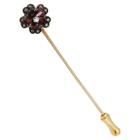 Vintage French Gold Ruby Diamond Flower Stick Pin