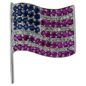14K Gold Ruby Sapphire Diamond USA American Flag Brooch