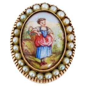 Antique Swiss Gold Enamel Brooch w/ Miniature Painting