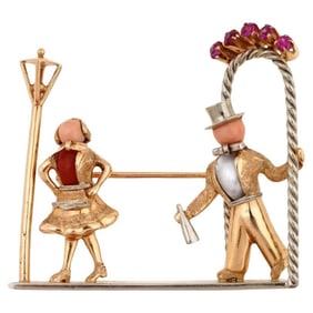 Garavelli 18K Gold Ruby Coral Pearl Pin Brooch