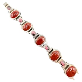 Art Deco German Sterling Silver Agate and Rhodonite Bracelet