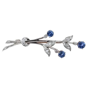 Antique 14K Palladium Gold Sapphire Diamonds Brooch