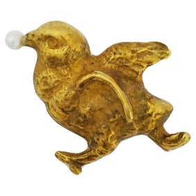 18K Gold Antique Pearl Baby Chicken Jewelry Brooch