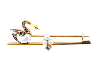 Gold Pearls Sculptural Swan Design Jewelry Brooch