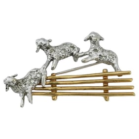 14K Gold And Diamonds Jumping Sheep Figural Brooch